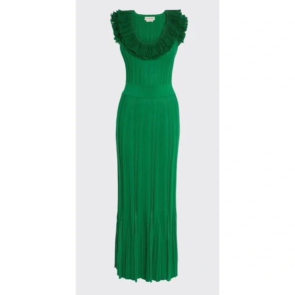 Alexander McQueen Women's Green Scoop Neck Ruffles Knit Dress - L (Cotton)